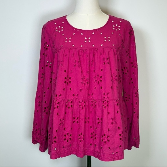 J. Crew 100% Cotton Fuchsia Eyelet Tiered Boho Blouse Women’s Size Small - Picture 1 of 7
